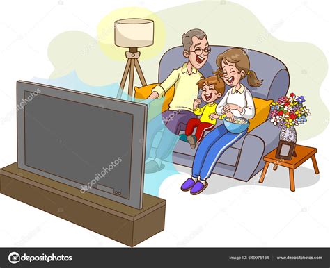 Ilustración Una Familia Dibujos Animados Viendo Televisión Vector de