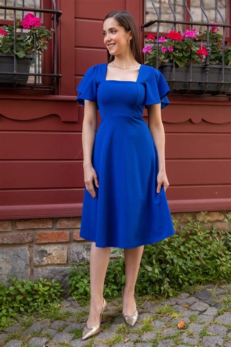 Secret Passion Lingerie Kad N Kollar Volanl Saks Mavi Esnek Scuba Krep Kuma Kare Yaka Midi