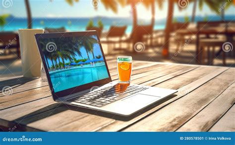 Laptop On Wooden Table On The Beach Tropical Sea Vacation Resort