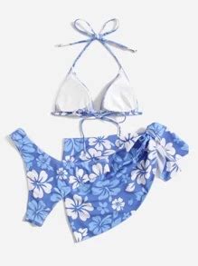 Swim Mod Conjunto de bikini floral Sujetador micro triángulo halter Bottom bikini Falda