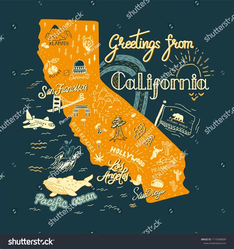 Hand Drawn Illustration California Map Tourist Stock Vector Royalty