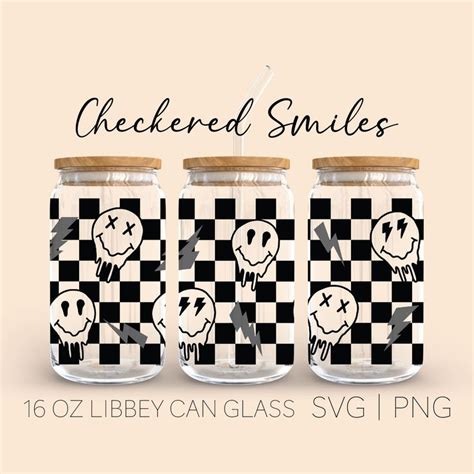 Melted Smiley Face Checkered Libbey Can Glass Svg 16 Oz Can Glass