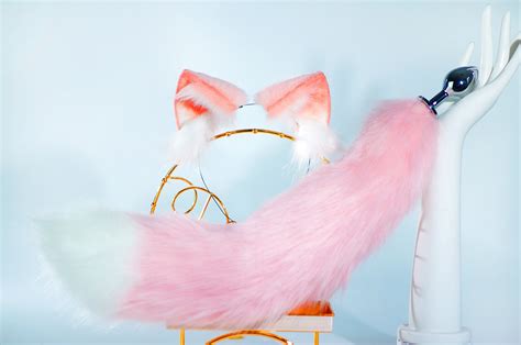 Pink And White Faux Fur Curvy Fox Tail Plug Ear And Tail Plug Etsy