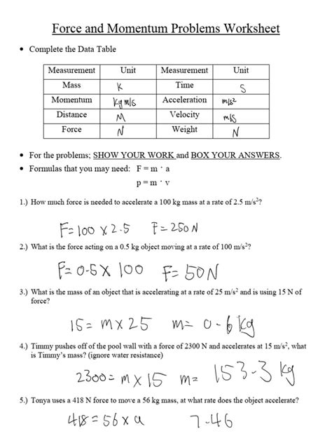october week force  momentum problems worksheet  force momentum