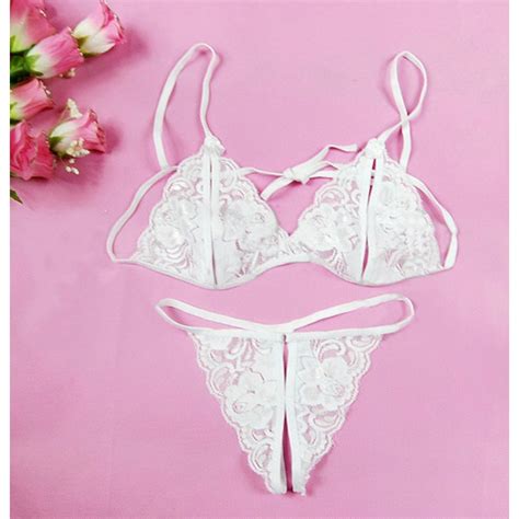 Charming White Floral Lace Lingerie Hollow Out Bra Panty Set N