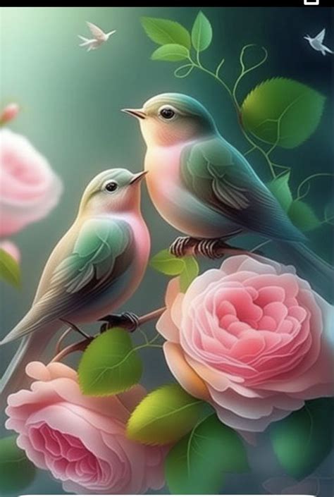 colorful bird  pink roses   birds  flowers lovely