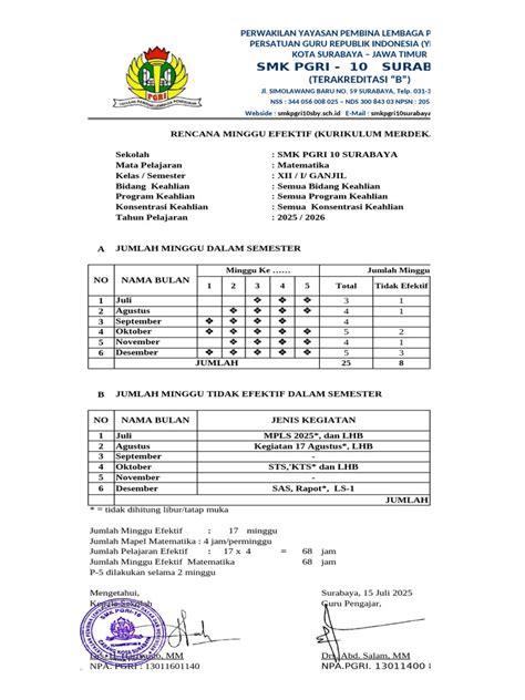 rencana minggu efektif smk pgri  surabaya