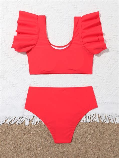 Shein Conjunto De Bikini Con Volantes Lisos Para Ni A Preadolescente Para Verano Y Playa Moda