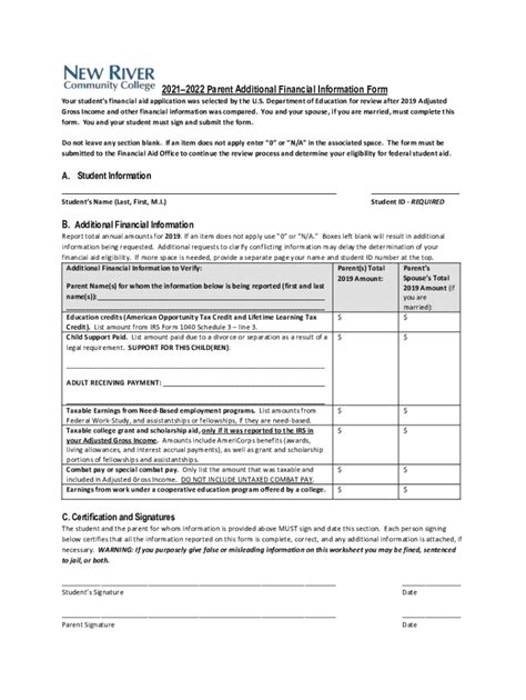 Fillable Online 2021 2022 Parent Additional Financial Information Form