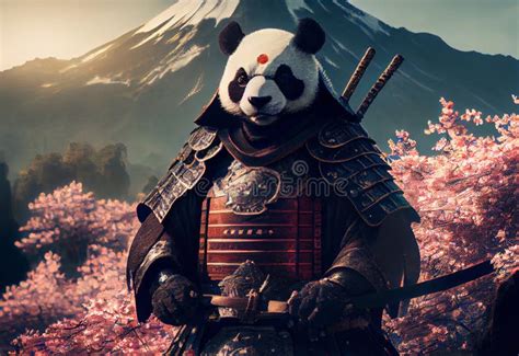 Panda Samurai And Cherry Blossoms On The Mountain Stock Illustration