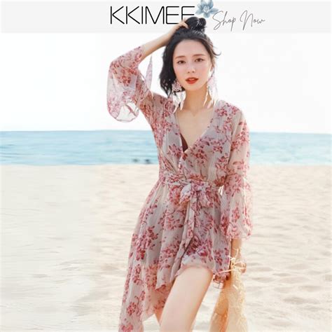 遮手臂 大腿 屁屁 肚肚浪漫碎花深V罩衫SG 三件式 比基尼 BIKINI 遊泳衣 xl 大尺碼 蝦皮購物