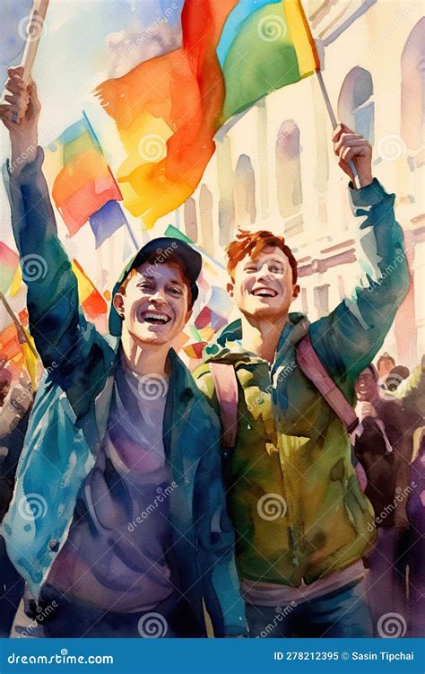 Pintura Aquarela De Dois Gays Felizes Bandeiras Lgbt No Desfile Gay Ilustração Stock