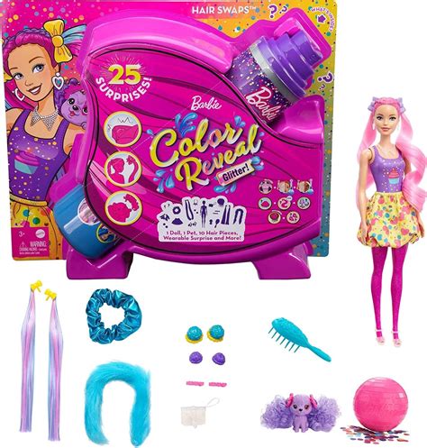 Glitter Barbie Doll - Barbie Color Reveal Glitter! Hair Swaps Doll, Glittery Pink with 25 ...