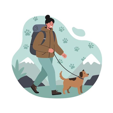 Woman hiking with dog on leash in outdoor mountain landscape with paw