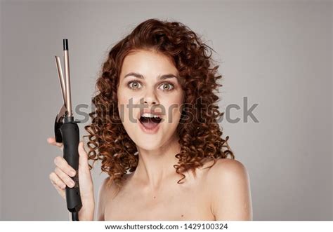 Cheerful Pretty Woman Naked Shoulders Curling Stock Photo Shutterstock