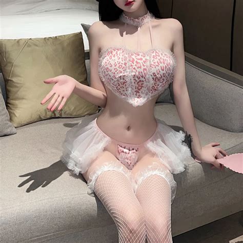 Women Leopard Lingerie Suit Sexy Dating Secrets Pink Heart Temptation Uniform Set Mesh