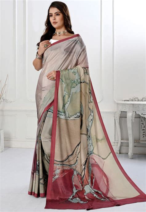 Digital Printed Crepe Saree In Beige Szfa