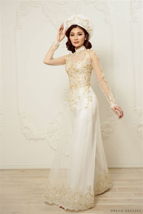 White Bridal Ao Dai | Vietnamese Traditional Bridal Dress with Gold La