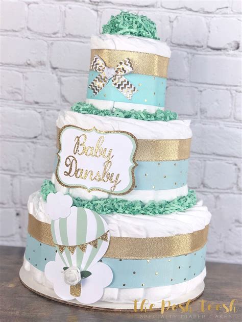 Mint Hot Air Balloon Diaper Cake Boy Gender Neutral Up Up And Away Adventure Awaits Diaper Cake