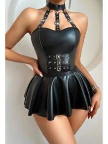 Strappy Leather Underwire Choker Lingerie Clubwear Dress Nightwear Skirt Babydoll Chemise
