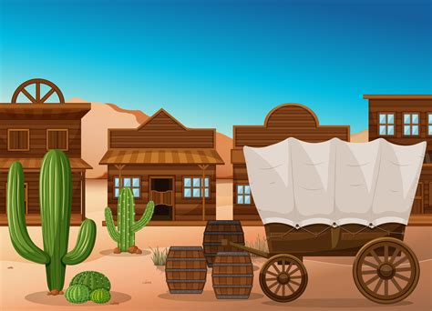 Wooden Wagon And Building In Desert Vector Art At Vecteezy