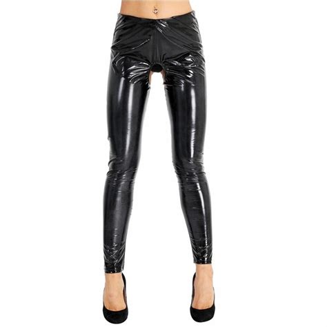 Women Lingerie Wet Look Patent Leather Open Crotch And Open Butt Pants Skinny Stretchy Legging