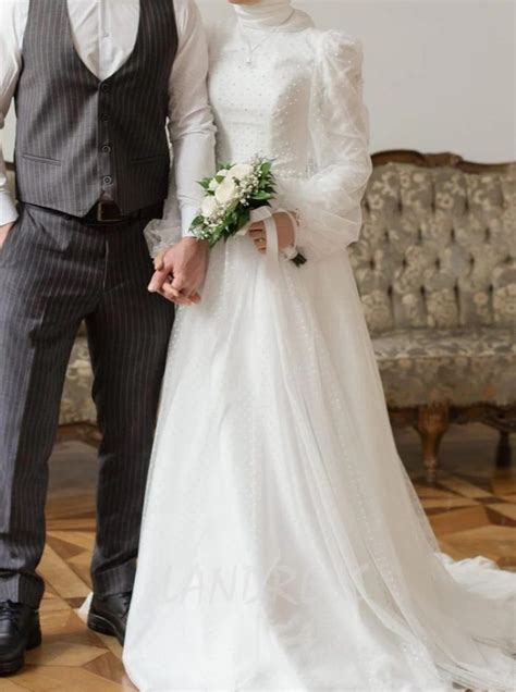 Dubai Wedding Dress A Line High Neck Tulle Modest Muslim Wedding Dress