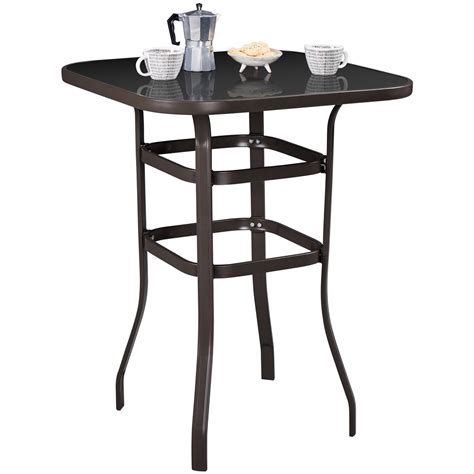 Topeakmart Outdoor Metal High Top Patio Bistro Table Bar Height Tempered Glass Tabletop Brown