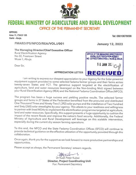 Letter Of Appreciation From The Federal Ministry Of Agriculture And