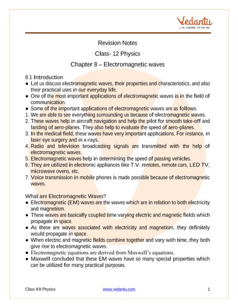 Cbse Class 12 Physics Chapter 8 Electromagnetic Waves Revision Notes