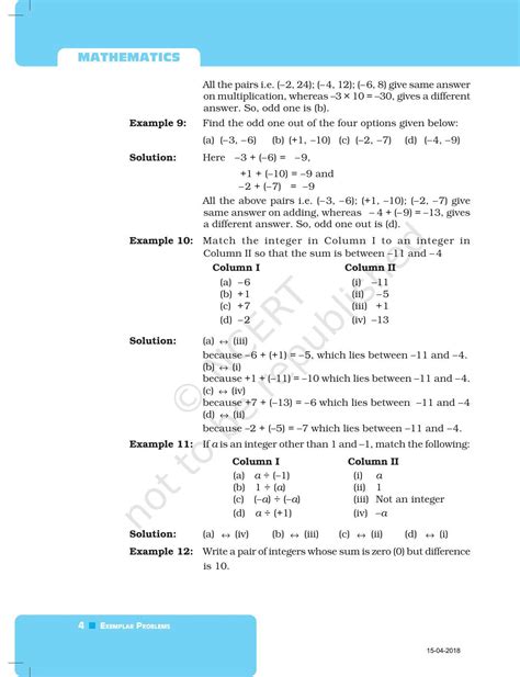 Ncert Exemplar Book For Class 7 Maths Chapter 1 Integers