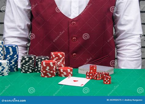 In Front of the Dealer a Poker Table with Cards and Dice Stock Image ...