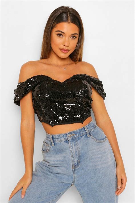 Womens Black Sequin Off The Shoulder Crop Top Boohoo Uk