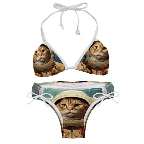Retro Cat Bikini Set With Detachable Sponge Adjustable Strap Two