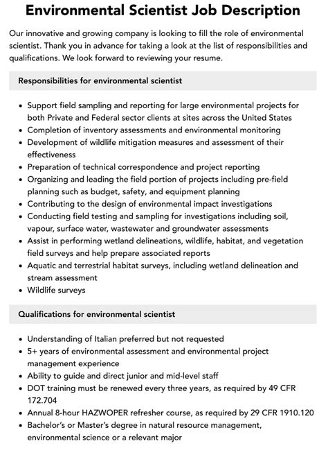 Environmental Scientist Job Description Velvet Jobs