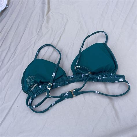 Blue And White Floral Bikini Top With Gold Accents Depop