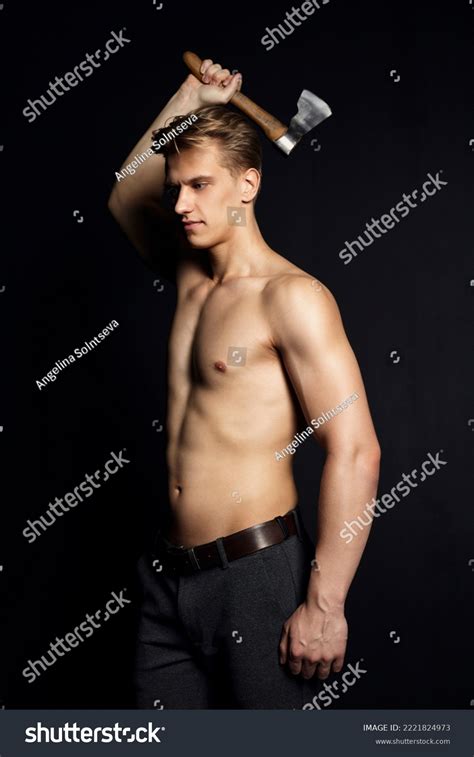 Portrait Man Naked Inflated Torso Holding Stock Photo