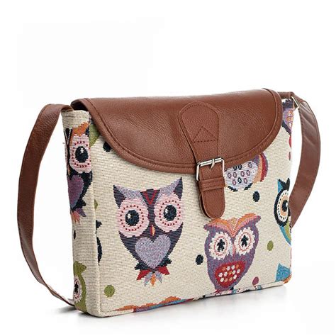 Summer Women Messenger Flap Bag Canvas Cartoon Owl Printed Crossbody