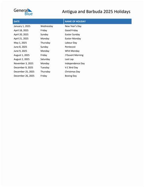 2025 Antigua and Barbuda List of Holidays in PDF, Word, and Excel