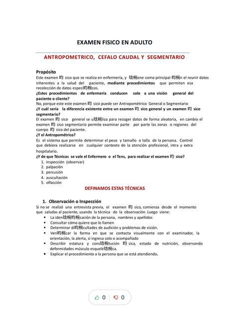 Examen físico en adulto antropométrico céfalo caudal y segmentario