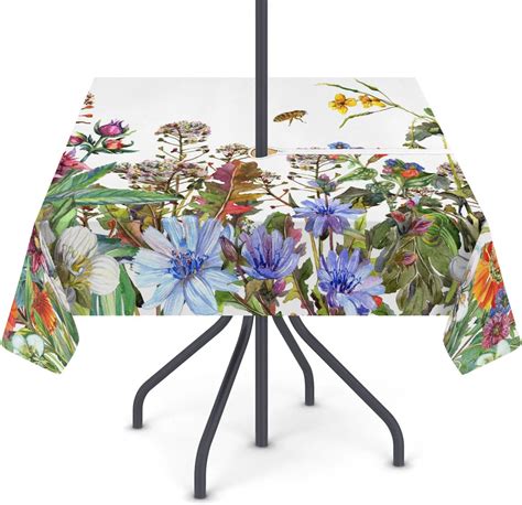 Xmnygj Spring Wildflowers Floral Square Outdoor Tablecloth With Umbrella Hole Zipper 60x60 Inch