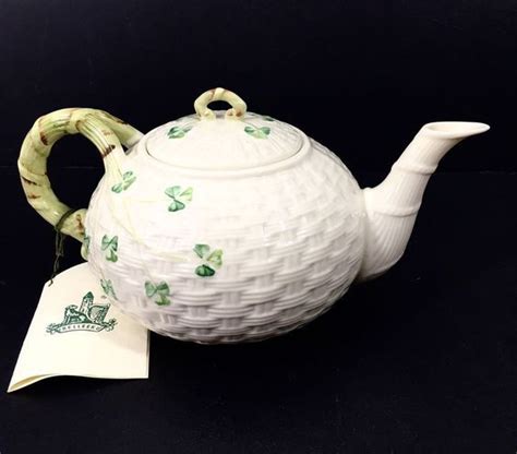 Belleek Shamrock Ware Basketweave Teapot Tea Pots Antique Glassware