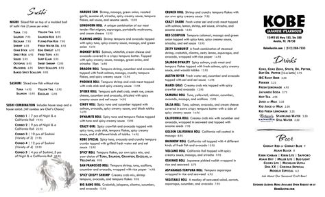 Pdf Menu Kobe Best Japanese Steak House And Sushi Bar In Austin Tx