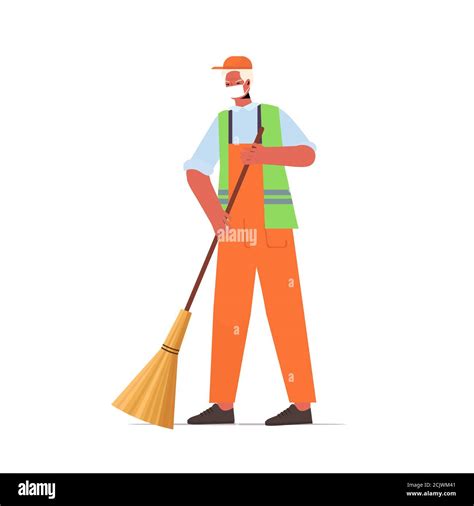 Male Janitor With Broom Sweeping And Cleaning Floor Janitor Wearing