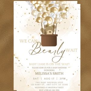 Editable We Can Bearly Wait Baby Shower Invitation Teddy Bear And Hot Air Balloon Brown And Gold