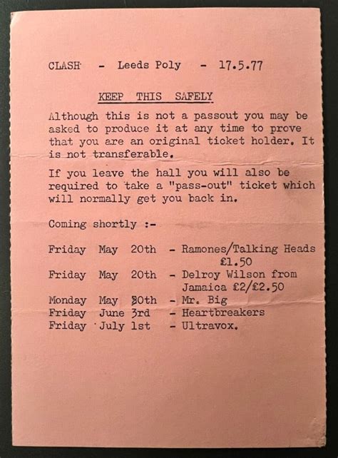 The Clash Ramones Leeds Poly Original Ticket Stub Punk Sex Pistols Damned