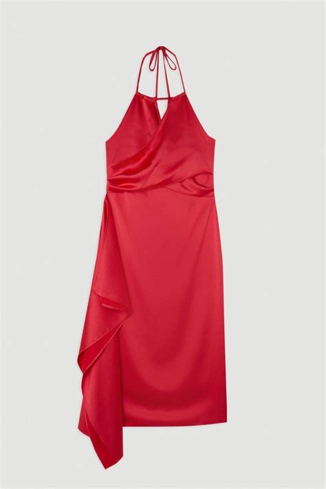 Karen Millen Satin Back Crepe Draped Wrap Halter Tie Neck Midi Dress In