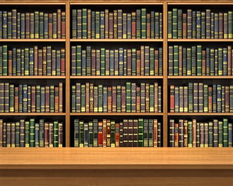 Table On Background Of Bookshelf Full Of Books Stock Photo - Image of flame, classic: 65416500