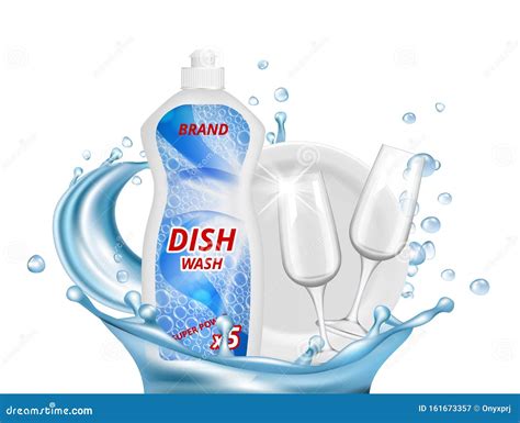 Dish Liquid Detergent Water Splashes Glasses White Plate Vector