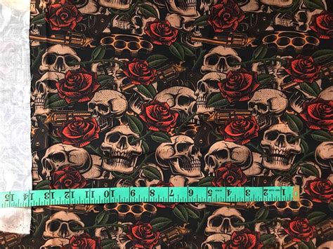 Premium Cotton Fabric Skull Print Fabric Skulls & Red Roses | Etsy